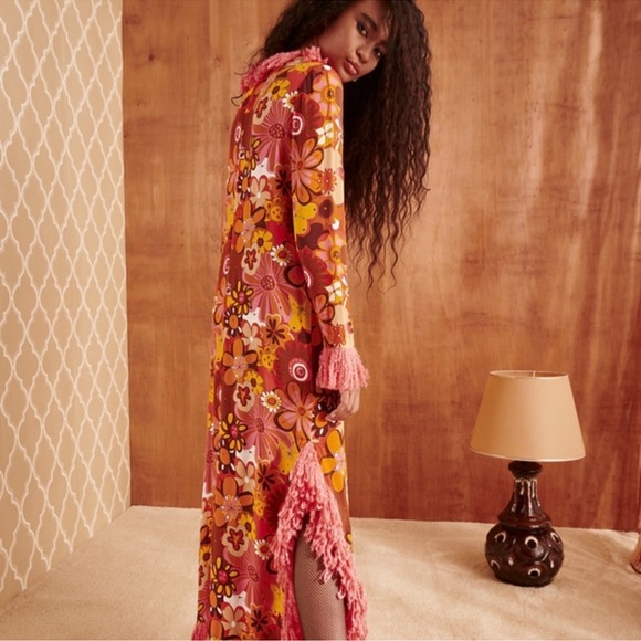 NWT CeliaB Gongga Orange Floral Fringe Trim Long Sleeve Maxi Dress Sz M RARE - Picture 14 of 16